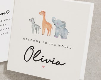 Personalised Welcome To The World New Baby Card, Jungle/Safari Animals Baby Card, Cute Baby Animal Greeting Card, Baby Boy, Baby Girl NB040