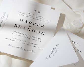 Minimal Wedding Invitation Set with RSVP & Guest Info Card, Modern Wedding Invitation Suite with Personalised Monogram 'Harper' SAMPLE