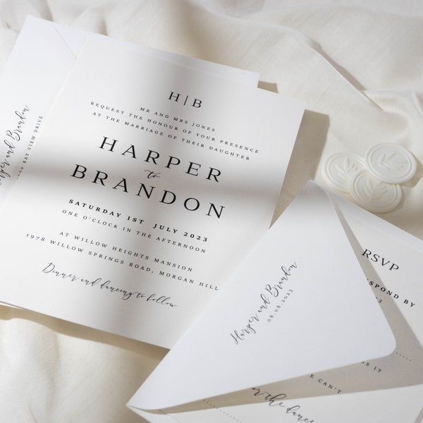 Minimal Wedding Invitation Set with RSVP & Guest Info Card, Modern Wedding Invitation Suite with Personalised Monogram 'Harper' SAMPLE