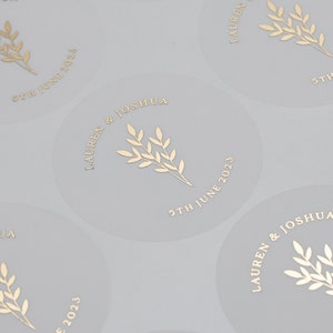 Gold Foil Sticker Wedding, Personalised Wedding Envelope Seals, With Real Foil, Clear, Botanical Wedding Seal For Envelope, 51mm ST032