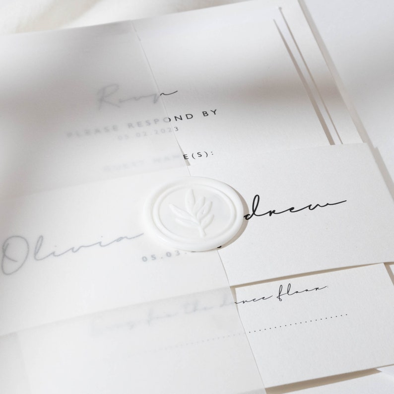 Simple Vellum Wedding Invitation Set, Personalised Elegant Wedding Invitation with Bellyband, RSVP, Wax Seal & Vellum Wrap 'Olivia' SAMPLE image 3