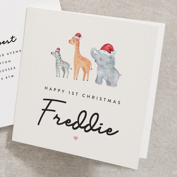 Happy 1st Christmas Card, Personalised Christmas Card For Boy, First Christmas Card with Cute Safari Animal, Baby's 1st Christmas Card CC563