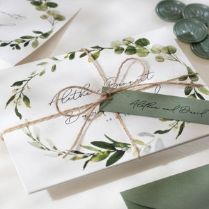 All in One Eucalyptus Wedding Invitation Set, Greenery Concertina Wedding Invitations with Wax Seal and Kraft Twine 'Alethea' SAMPLE