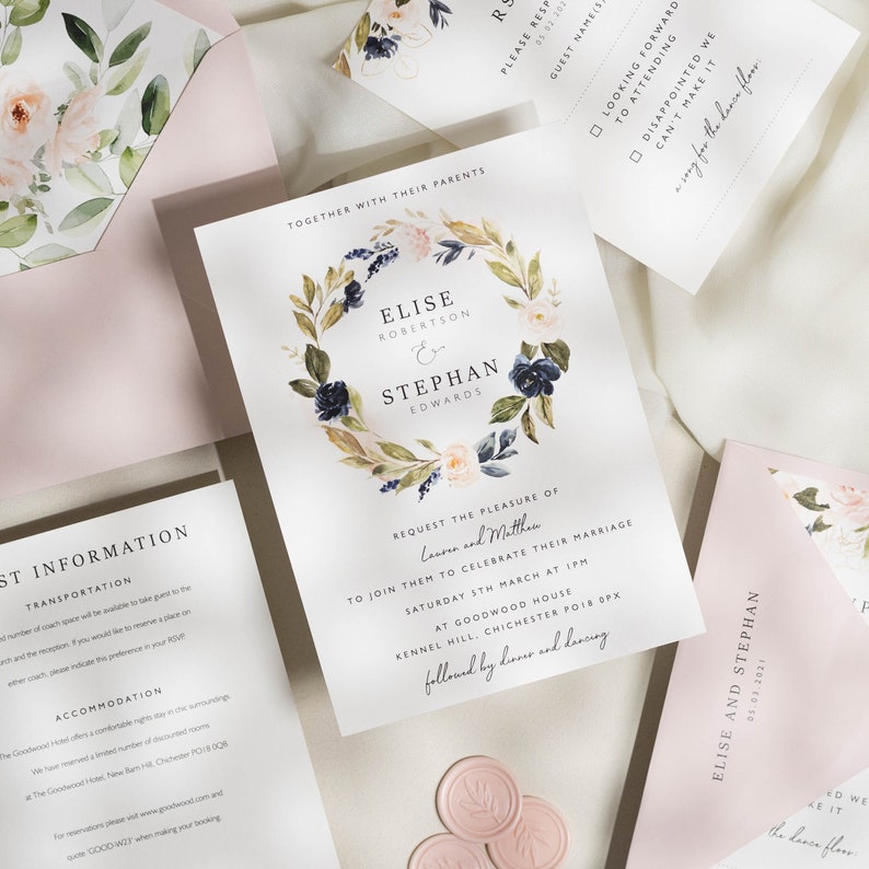 Blush And Navy Wedding Invitations, Floral Wedding Invitation with RSVP, Pink and Navy Wedding Invites, With Envelope Liners 'Elise' SAMPLE image 1