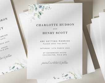 Greenery Save the Date Cards, Botanical Save the Dates, Personalised Foliage Save The Date Design, Olive Green Save The Dates 'Charlotte'