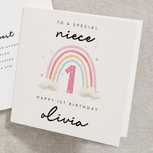 Rainbow First Birthday Card, To A Special Niece, Happy 1st Birthday, Personalised With Any Name, Girls First Birthday Card, For Girl BC841