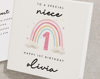 Rainbow First Birthday Card, To A Special Niece, Happy 1st Birthday, Personalised With Any Name, Girls First Birthday Card, For Girl BC841