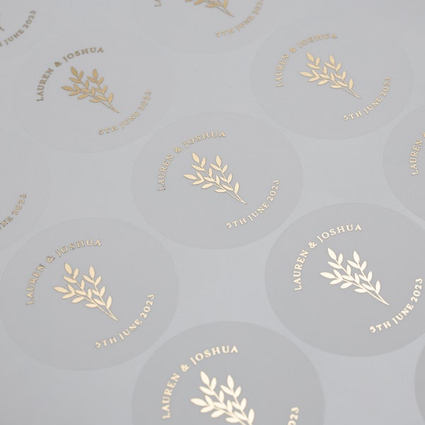 Gold Foil Sticker Wedding, Personalised Wedding Envelope Seals, With Real Foil, Clear, Botanical Wedding Seal For Envelope, 37mm ST032