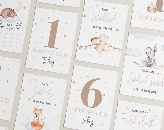 Baby Milestone Cards, Unisex Cute Baby Animals Milestone Cards, Baby Shower Gift, New Baby Milestones Gift, Unisex Pastel Colour Milestone