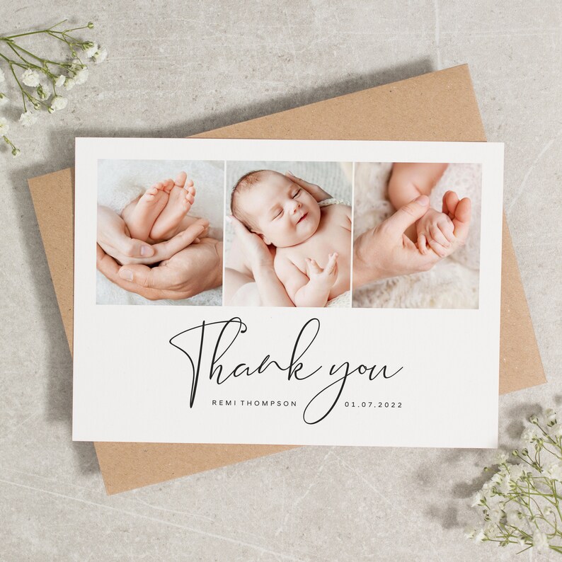 Cartes de remerciement de bébé, cartes de remerciement de bébé multi-photos, cartes de remerciement de bébé avec photos, cartes de remerciement de bébé nouveau-né, carte de remerciement personnalisée Remi