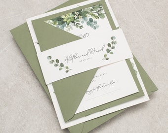 Greenery Wedding Invitation Set, Eucalyptus Wedding Invitations with Belly Band and RSVP, Botanical Wedding Stationery 'Alethea' SAMPLE