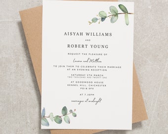 Eucalyptus huwelijksuitnodigingen, botanische bruiloft uitnodigen, Eco Kraft bruiloft avond uitnodiging, groen bruiloft briefkaart 5 x 7 'Aisyah' #212