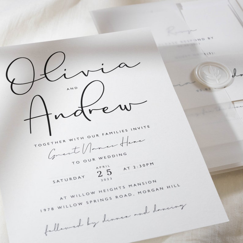 Simple Vellum Wedding Invitation Set, Personalised Elegant Wedding Invitation with Bellyband, RSVP, Wax Seal & Vellum Wrap 'Olivia' SAMPLE image 2