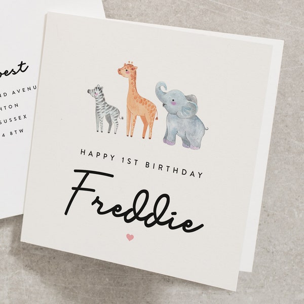 Happy 1st Birthday, Personalised Birthday Card For Boy, Animal Birthday Card, Cute Safari Animal Greeting Card, Baby 1st Birthday Card BC815