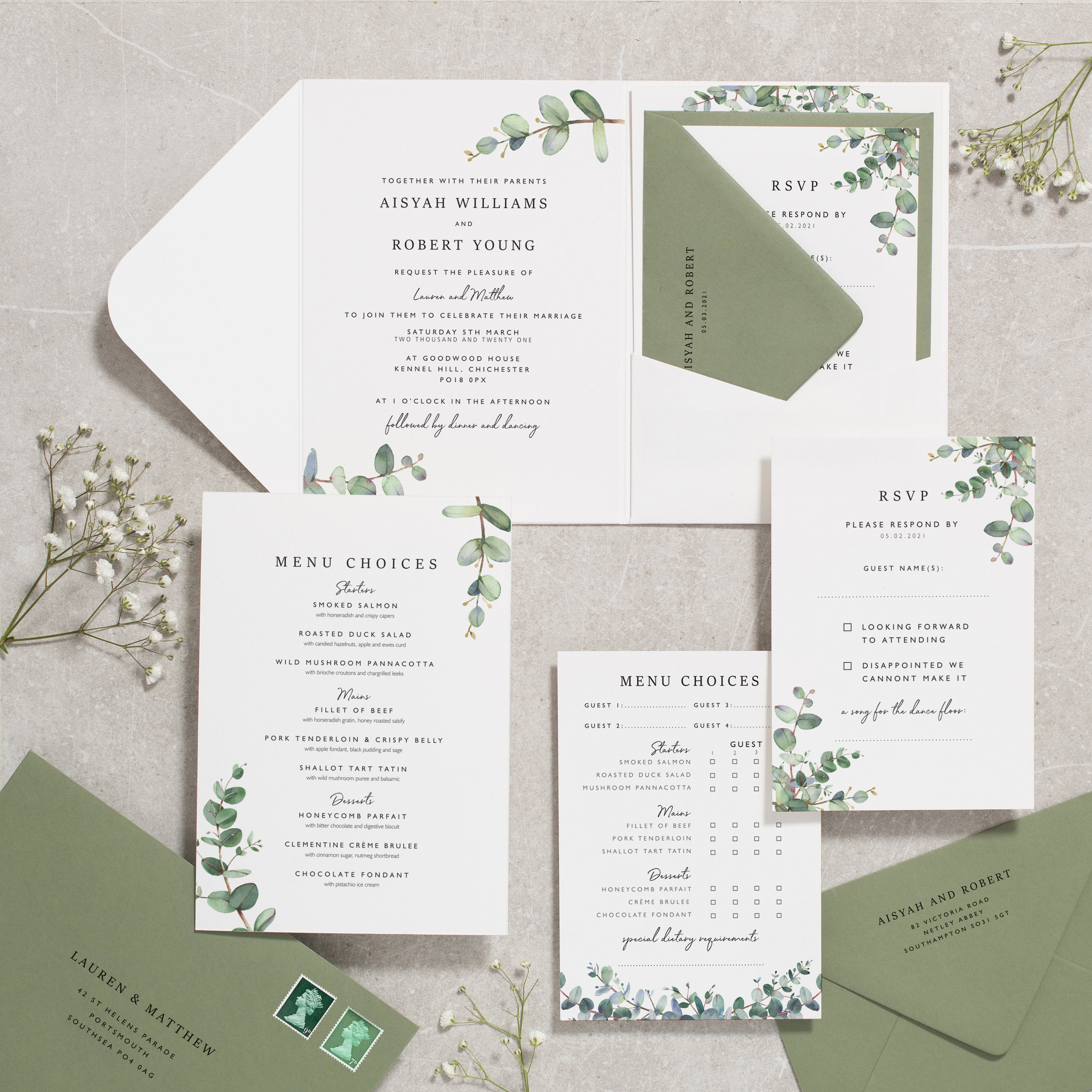 Wedding Stationery Package Sample Botanical Wedding Invitation with Envelope 