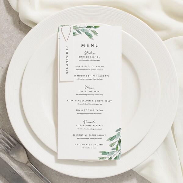 Botanical Wedding Menu Cards, Greenery Dinner Menu Cards, Eucalyptus Menu Card With Guest Name, Sage Green Menu with Tags 'Callista'
