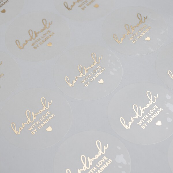 Handmade With Love Personalised Stickers, Foiled Stickers With Gold, Silver, Rose Gold, Handmade With Love Label, Kraft Business, 37mm ST046