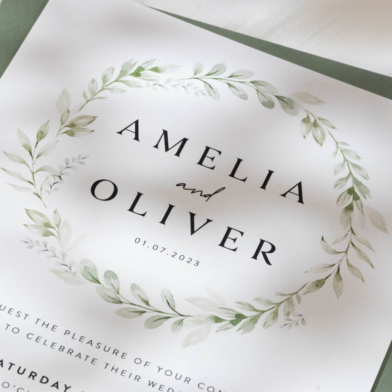 Floral Greenery Wedding Invitation Set, Eucalyptus Wedding Invites with Envelopes, Green Leaf Wedding Invitation Bundle 'Amelia' SAMPLE image 3