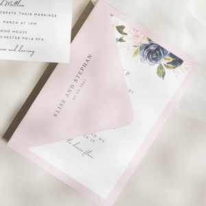 Blush And Navy Wedding Invitations, Floral Wedding Invitation with RSVP, Pink and Navy Wedding Invites, With Envelope Liners 'Elise' SAMPLE image 5