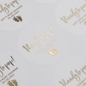 Personalised Ready To Pop Baby Shower Stickers, Gold Foil Baby Shower Stickers For Favours or Decoration, Gender Reveal Sticker 51mm ST125