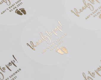 Personalised Ready To Pop Baby Shower Stickers, Gold Foil Baby Shower Stickers For Favours or Decoration, Gender Reveal Sticker 51mm ST125