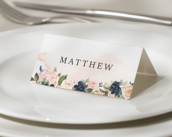 Watercolor Place Cards, Floral Wedding Place Cards, Pink And Navy Place Card, Personalised With Guest Names, Placecards Wedding 'Elise'