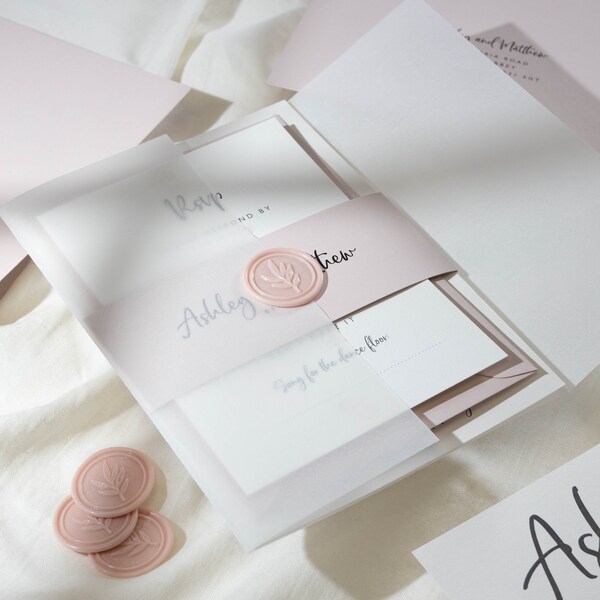 Blush Vellum Wedding Invitation Set, Modern Calligraphy Wedding Invitation Suite with RSVP, Info Card and Pink Envelopes 'Ashley' SAMPLE