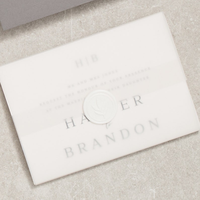Elegant Grey Monogram Wedding Invitation With Vellum and Wax Seal, Classic Concertina Wedding Invites With Smoke Envelopes 'Harper' SAMPLE image 2