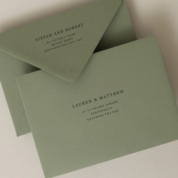 Forest Green dark Olive Green Wedding Envelopes 5x7 A7 More Popular Sizes  25 Envelopes printing & Addressing Available 