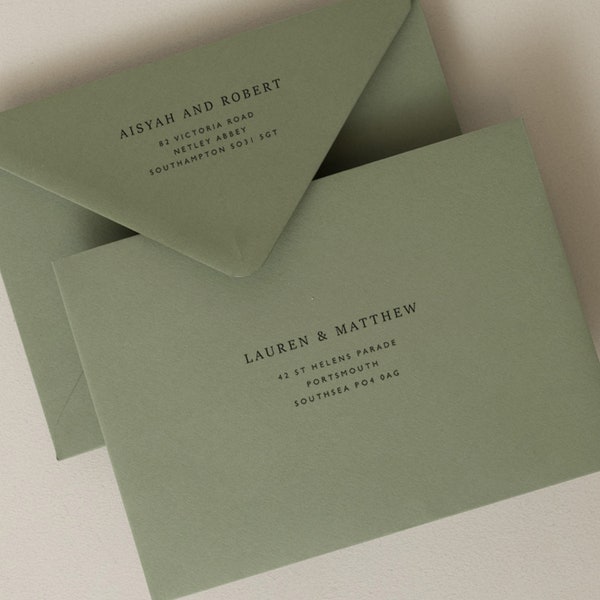 Olive Green Envelopes C6, 5x7 or C5 Printed Envelopes, Mid Green Invitation or RSVP Envelopes Colorplan, Printing Guest Addressing