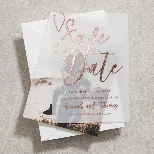 Rose Gold Foil Vellum Save The Dates, Tag Save The Date Cards, Personalised With Names And Photo, Foil Save The Date Invitation 'Hannah'