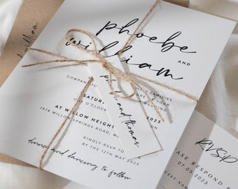 Rustic Wedding Invitation Set with Kraft Twine & Personalised Tags, Simple Rustic Wedding Invitations Suite with RSVP Card 'Phoebe' SAMPLE