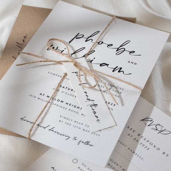 Ensemble d'invitations de mariage rustique avec ficelle Kraft et étiquettes personnalisées, suite d'invitations de mariage rustique simple avec carte RSVP 'Phoebe' SAMPLE