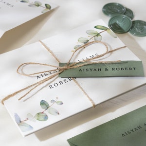 Greenery Concertina Wedding Invitation, Eucalyptus Botanical Wedding Invitations with Vellum and Wax Seal 'Aisyah' SAMPLE