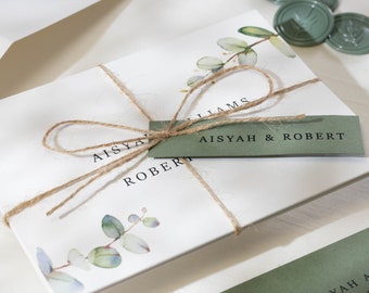 Grüne Ziehharmonika Hochzeitseinladung, Eukalyptus Botanische Hochzeitseinladung mit Pergament und Wachssiegel 'Aisyah' MUSTER