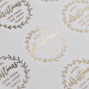 Personalised Christmas Labels Stickers in Gold Foil, Wreath Christmas Gift Labels, Custom Festive Gift Tag Labels For Family 51mm ST108