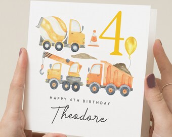 Personalised 4th Birthday Card For Son, Digger Birthday Card, Construction Birthday Card For Boy, For Grandson, 4 Year Old Boy Gift