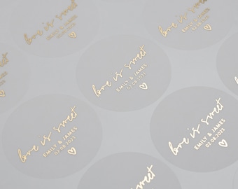 Personalised Love Is Sweet Wedding Favour Stickers In Foil, Stickers For Wedding Sweet Bags, Gift Bag Labels For Guests, Foil , 37mm ST020