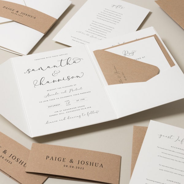 Minimalistische Hochzeitseinladung Kraftpapier, Modernes Taschenfalteneinladungsset, Bauchband und Umschlag Hochzeitseinladungsset 'Samantha' MUSTER