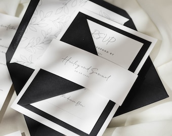 Black And White Wedding Invite Suite, Minimalist Wedding Invitations, Simple Wedding Invitation Set, Envelope Liners, Modern 'Hailey' SAMPLE