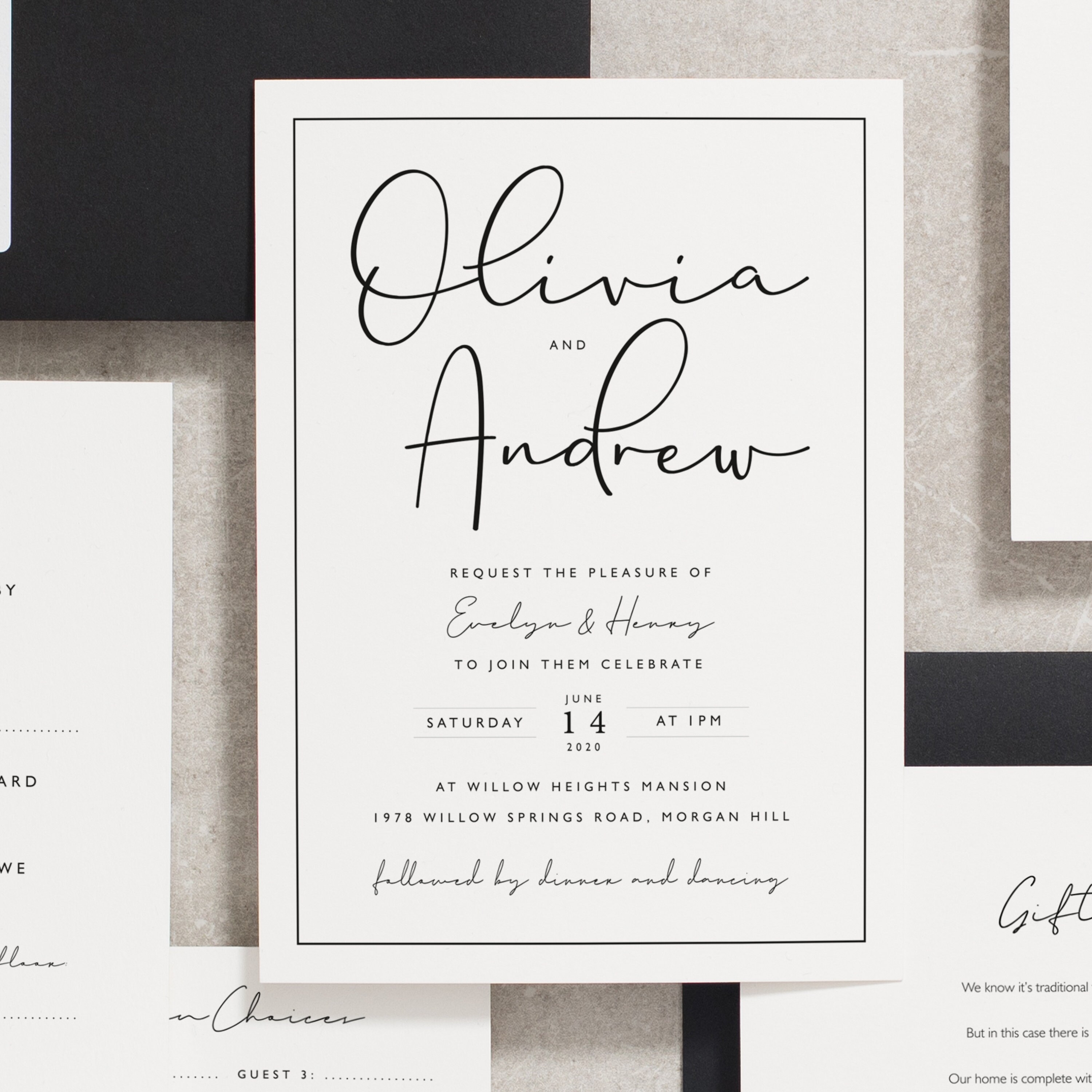 Calligraphy Wedding Invitations Suite Black and White Wedding Etsy
