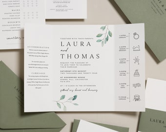 Sage Green Wedding Invitation Set With Bellyband, Simple Green Botanical Wedding Invitation Suite, Gatefold Wedding Invites 'Laura' SAMPLE