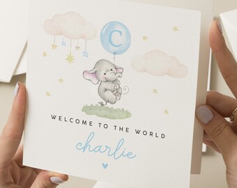 Personalised New Baby Card Boy, Baby Gift For Boy, Welcome To The World Card, Baby Boy Elephant Card, Cute New Born Card, For New Grandson
