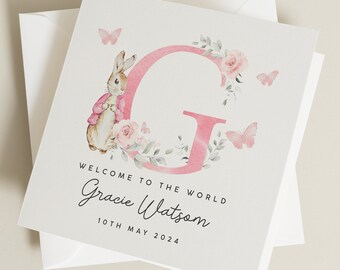 Personalised New Baby Card, Welcome To The World Baby Girl Card, New Baby Gift For Girl, Baby Girl Bunny Card, Cute New Born Card For Girl