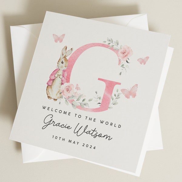 Personalised New Baby Card, Welcome To The World Baby Girl Card, New Baby Gift For Girl, Baby Girl Bunny Card, Cute New Born Card For Girl