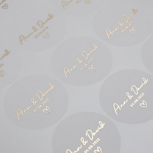 Wedding Stickers Personalised, Real Foil Wedding Stickers, Metallic Stickers, Silver, Fold, Rose Gold, Clear or Frosted Stickers, 37mm ST016