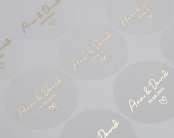 Stickers mariage personnalisés, véritables stickers métalliques, Stickers métalliques, argent, pli, or rose, autocollants transparents ou dépoli, 37 mm ST016