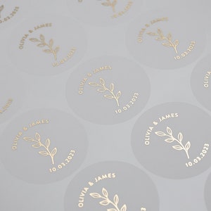 Floral Wedding Stickers With Real Foil, Personalised With Any Name, Any Date, Gold Or Rose Gold Foiling, Round Wedding Sticker, 37mm ST033