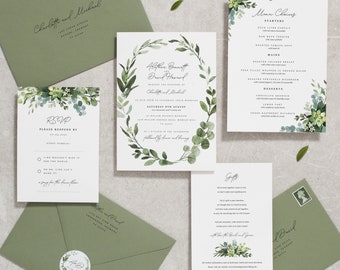 Greenery Wedding Invitation Set - Green Leaf Leaves Wedding Invitations Invites Foliage Printed, Olive Green 'Alethea' SAMPLE