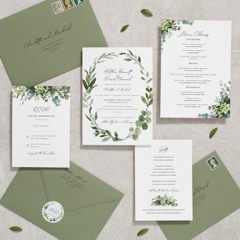 Greenery Wedding Invitation Set Green Leaf Leaves Wedding Invitations Invites Foliage Printed, Olive Green 'Alethea' SAMPLE image 1